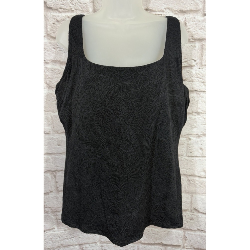 Lands End Black Paisley Textured Tankini Swim Top Underwire Built in Bra 18DD
